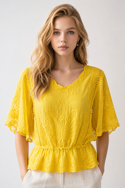 Lacy Butterfly Sleeve Top - Buttercup Yellow
