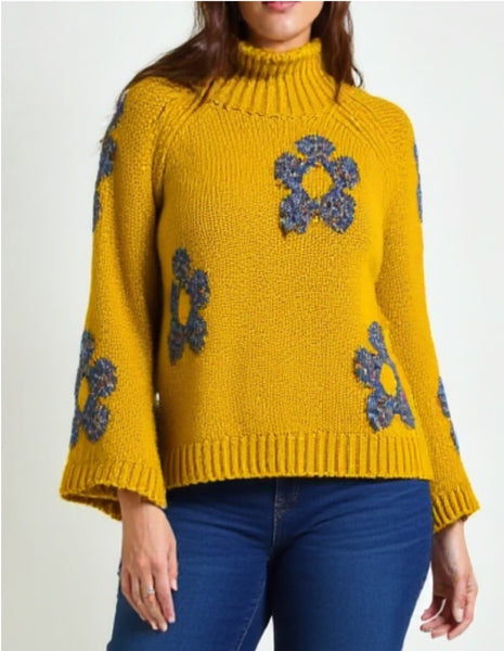 Relaxed Floral Hi-Neck Knit - Mustard