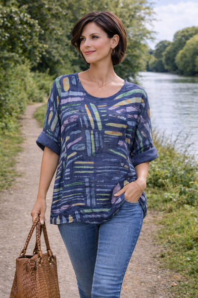 Stick Print Top - Navy