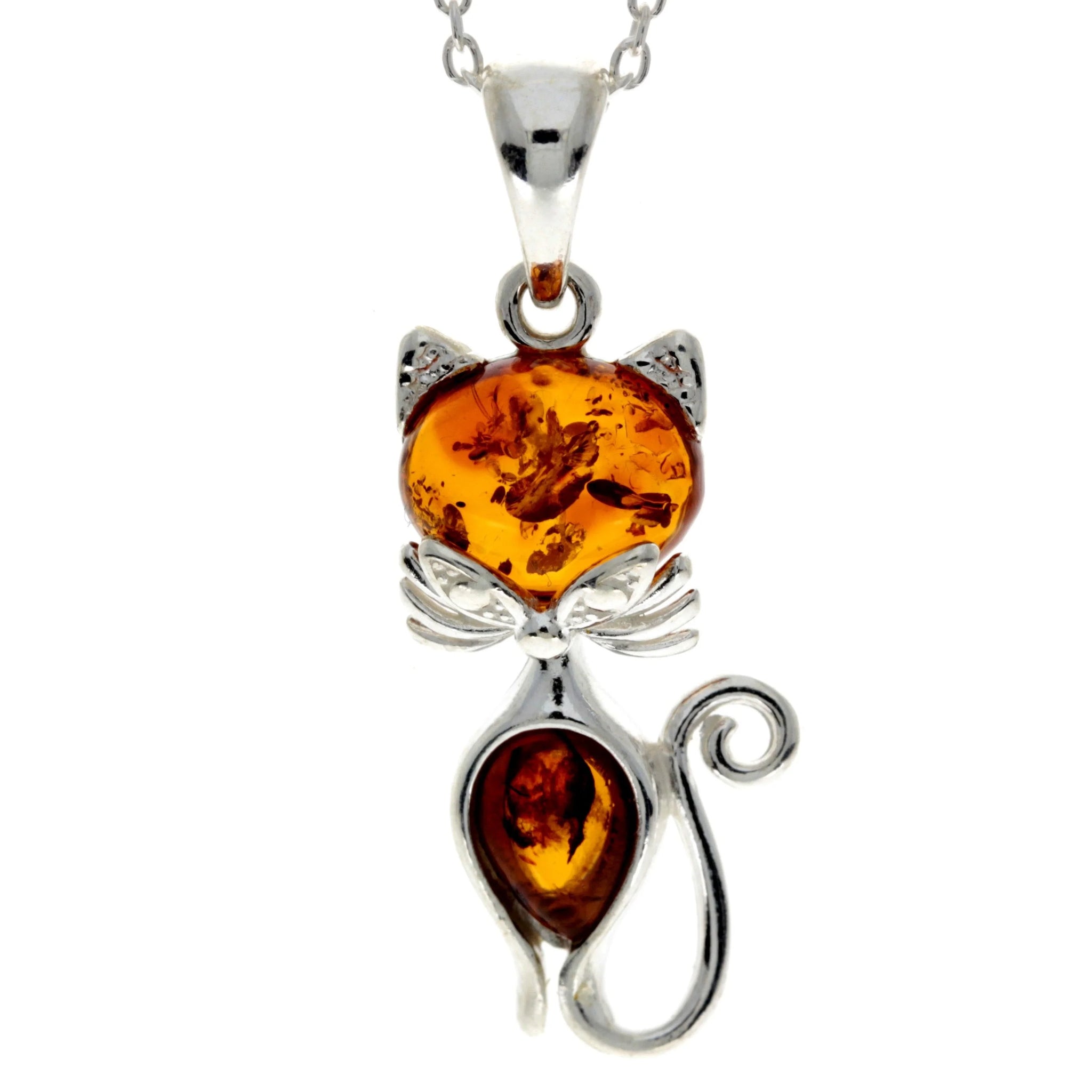 925 Sterling Silver & Baltic Amber Modern Cat Pendant