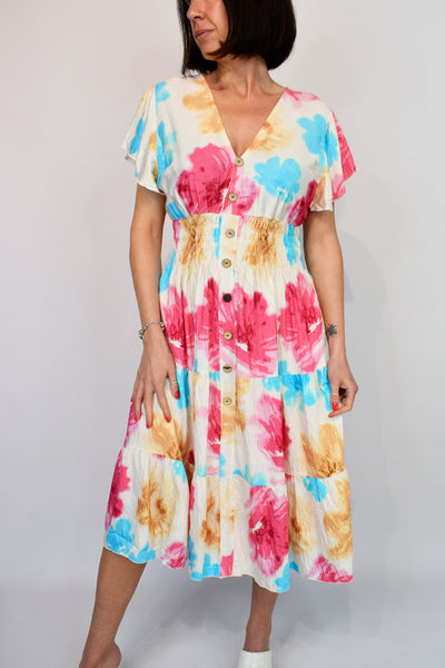 Freya Floral Watercolour Midi Dress- Fuchsia & Blues