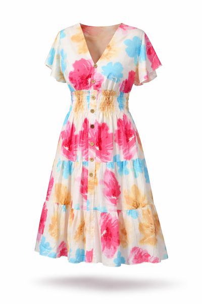 Freya Floral Watercolour Midi Dress- Fuchsia & Blues