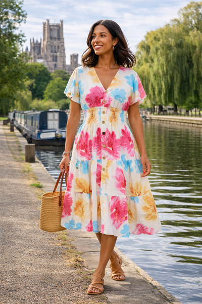 Freya Floral Watercolour Midi Dress- Fuchsia & Blues