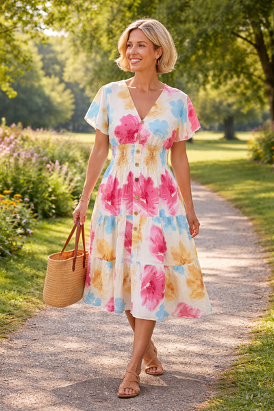Freya Floral Watercolour Midi Dress- Fuchsia & Blues