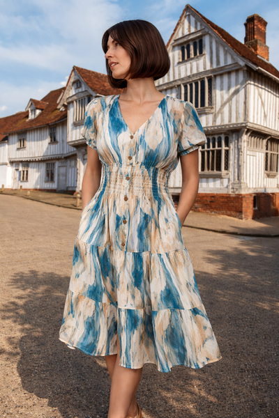 Freya Midi Splash Dress - Teal & Mocca