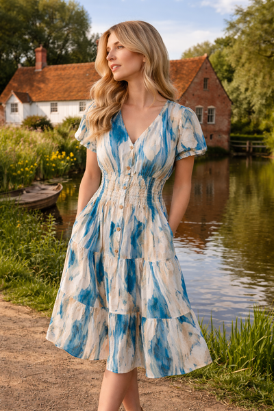 Freya Midi Splash Dress - Teal & Mocca