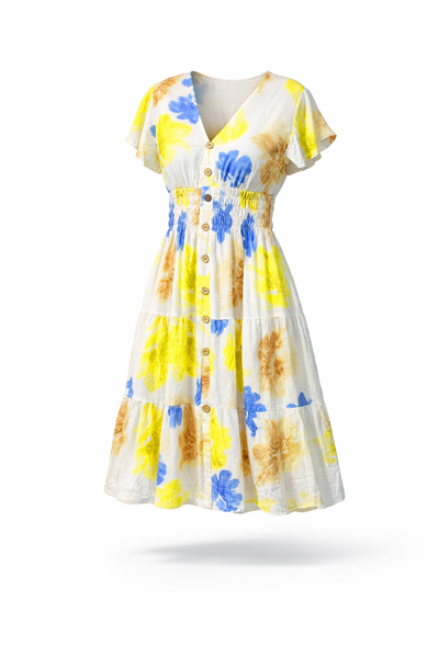 Freya Floral Watercolour Midi Dress - Yellow & Blue