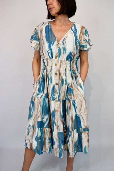 Freya Midi Splash Dress - Teal & Mocca