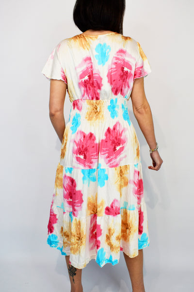 Freya Floral Watercolour Midi Dress- Fuchsia & Blues