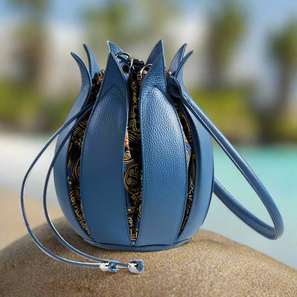 By-Lin Tulip Leather Bag - Cobalt Blue 'Dubai' Batik