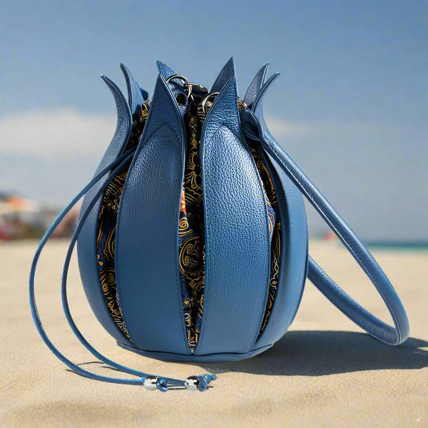 By-Lin Tulip Leather Bag - Cobalt Blue 'Dubai' Batik