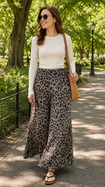 Animal Print Wide Leg Trousers - Charcoal