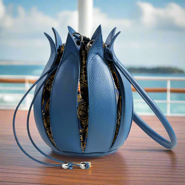 By-Lin Tulip Leather Bag - Cobalt Blue 'Dubai' Batik