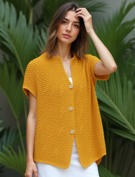 Short Sleeve 3 Button Cardigan - Mustard