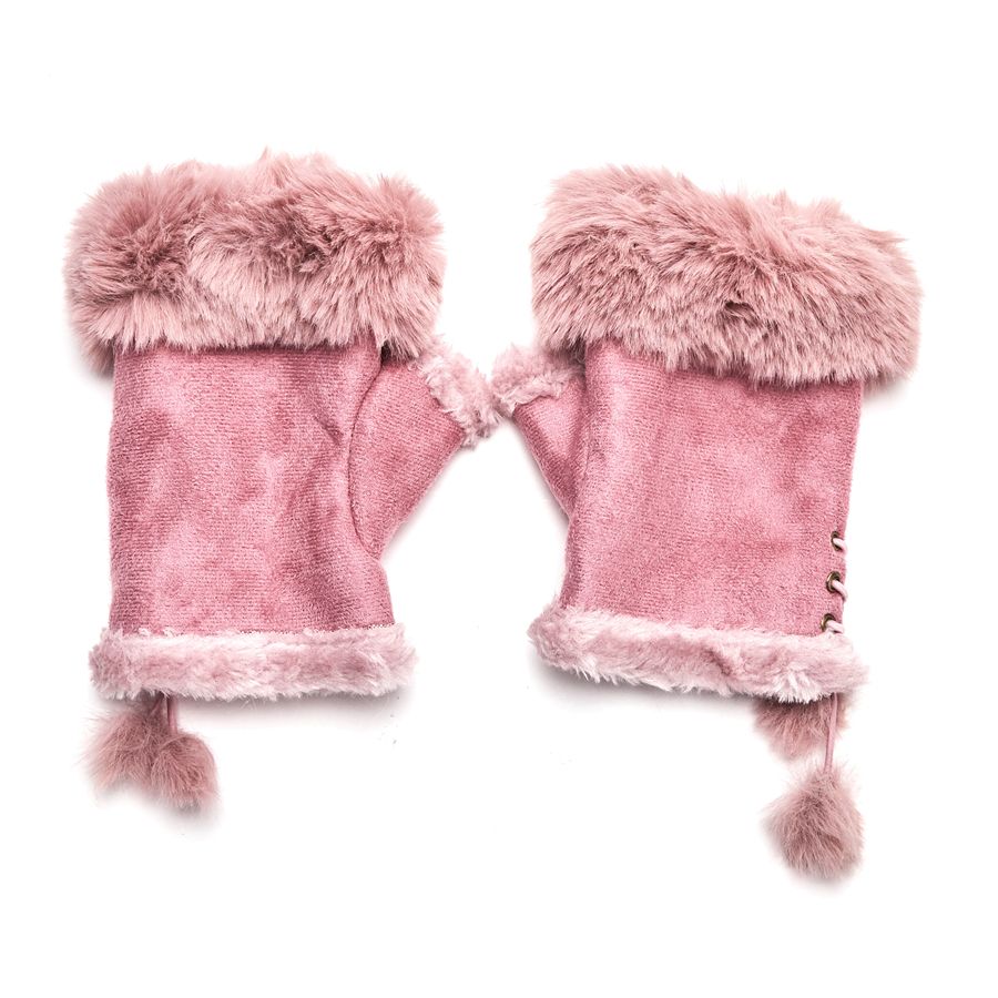 Faux Fur and Suede Fingerless Mittens - Pink