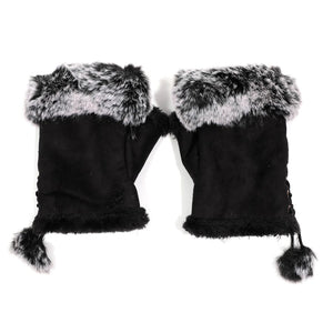Faux Fur and Suede Fingerless Mittens - Two Tone Black