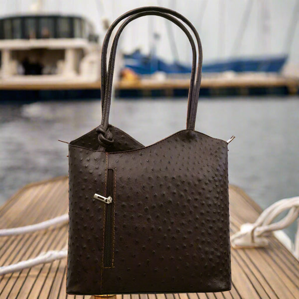 Leather Handbag Backpack Ostrich Finish - Dark Brown