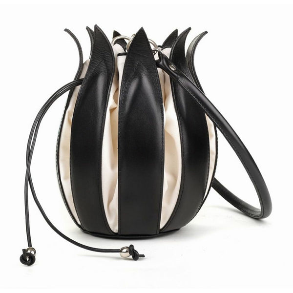 By-Lin Tulip Leather Bag - Black with White Lining