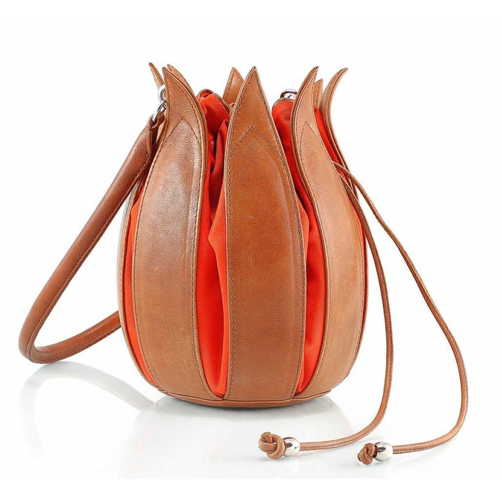 Tulip Leather Bag - Cognac with Orange Interior - Medium