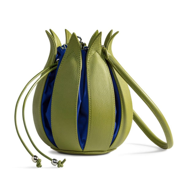Tulip Leather Bag - Lime with Cobalt Lining - Medium