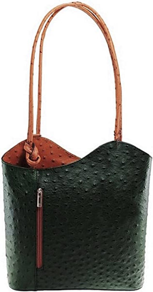 Ostrich Effect Leather Backpack Handbag - Black/Tan