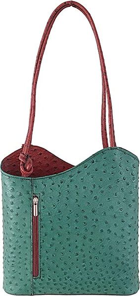 Ostrich Effect Leather Backpack Handbag - Turquoise/Tan