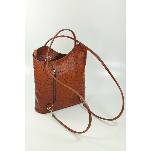 Ostrich Effect Leather Backpack Handbag - Dark Tan