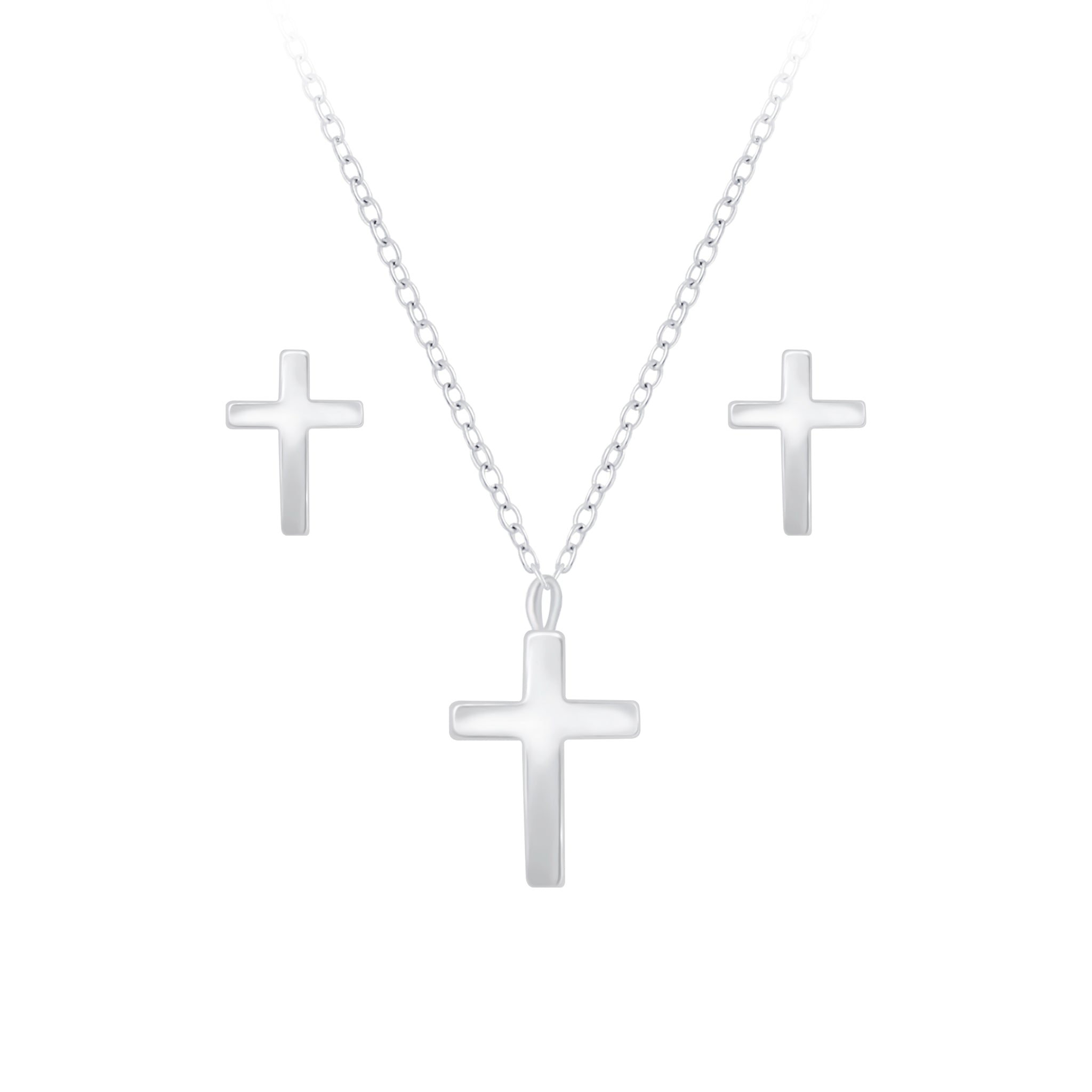 Silver Cross Necklace and Stud Earrings Set