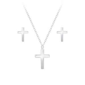 Silver Cross Necklace and Stud Earrings Set
