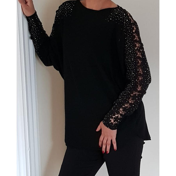 Lace Sleeve Batwing Jumper - Navy