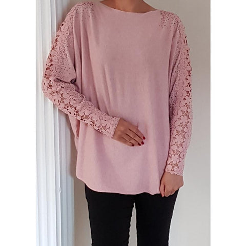 Lace Sleeve Batwing Jumper - Blush