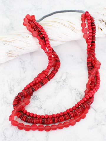 Long Triple Strand Necklace - Red