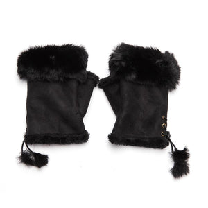 Faux Fur and Suede Fingerless Mittens - Black
