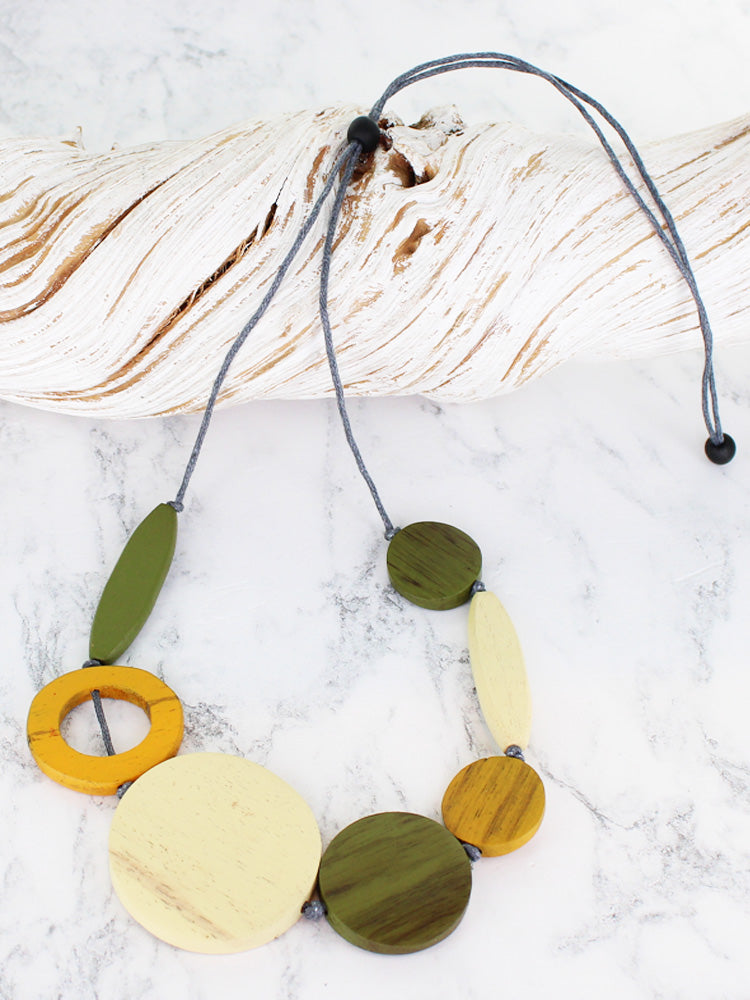 Mixed Shape Wooden Necklace - Green & Yellow