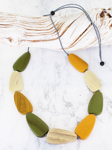 Wooden Oval Necklace - Green & Yellow