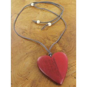 Suede & Wood Heart Necklace - Red