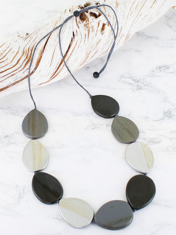 Wooden Oval Disc Necklace - Grey & Black