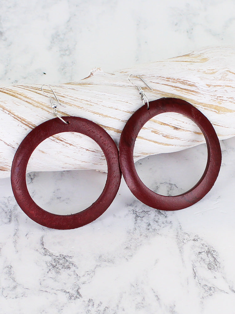 Wooden Hoop Earrings - Dark Red
