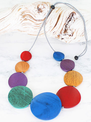 Graduated Wooden Disc Necklace - Adjustable