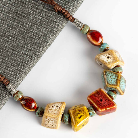 Irregular Shape Ceramic Bead Necklace - Multi Coloured