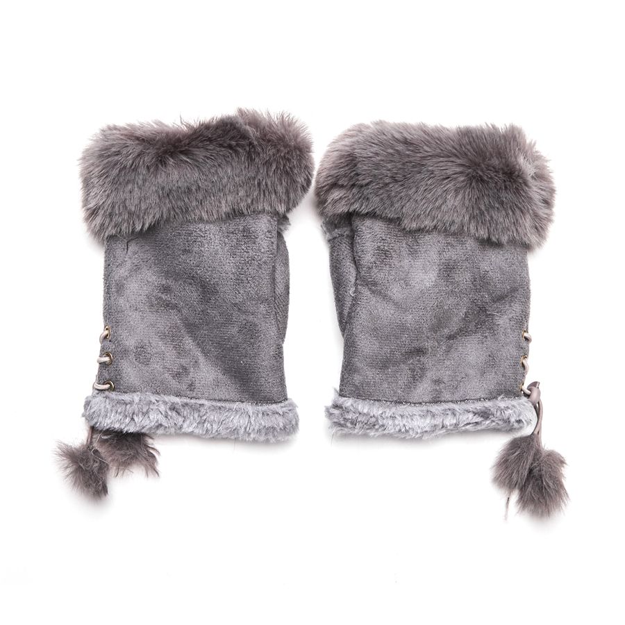Faux Fur and Suede Fingerless Mittens - Grey