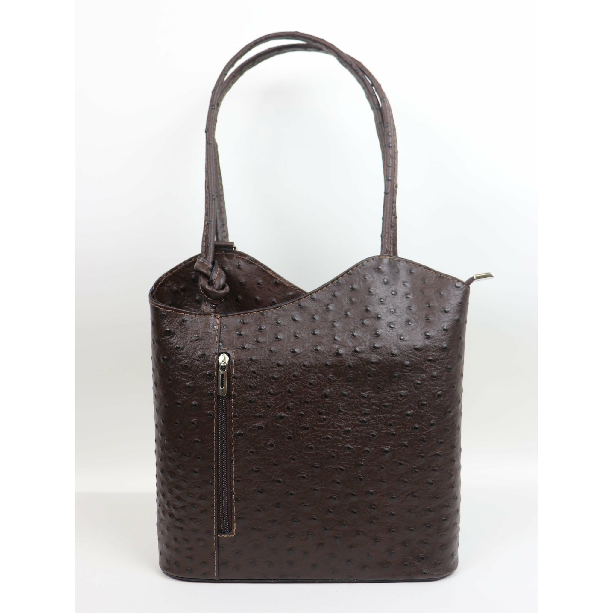 Ostrich Effect Leather Handbag Backpack - Dark Brown