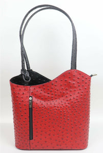 Ostrich Effect Leather Backpack Handbag - Red/Black