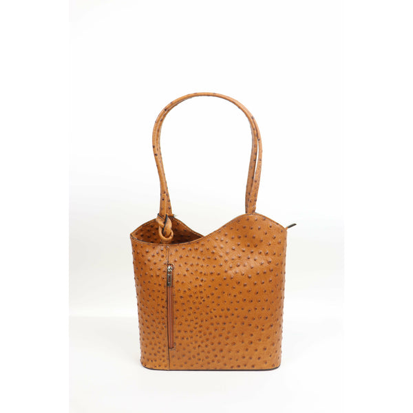 Ostrich Effect Leather Backpack Handbag - Light Tan
