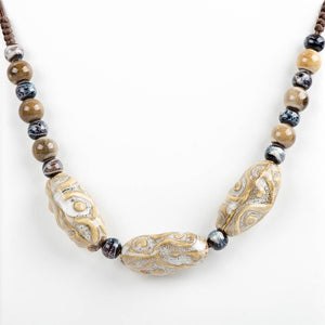 Textured Oval  Ceramic Bead Necklace - Beige
