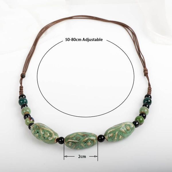 Textured Oval  Ceramic Bead Necklace - Green/Black