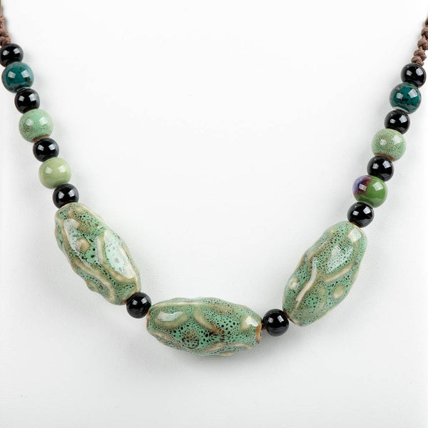 Textured Oval  Ceramic Bead Necklace - Green/Black