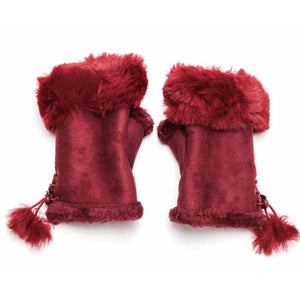 Faux Fur and Suede Fingerless Mittens - Maroon