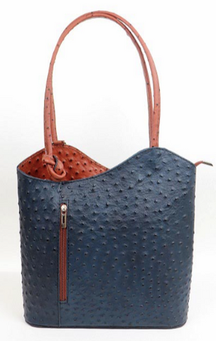 Ostrich Effect Leather Backpack Handbag - Navy/Tan