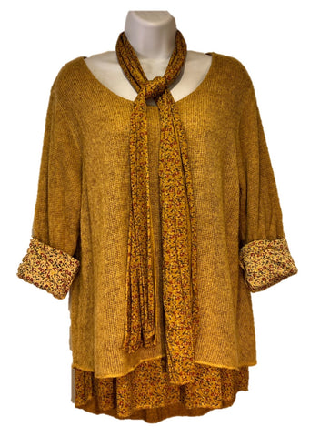 Knitted Layer Top with Scarf - Brown